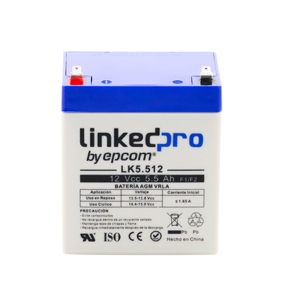Bateria Epcom LK5.512 12 Vcc 5.5 Ah UL tecnologia AGM-VRLA uso en equipo electronico alarmas de intrusion incendio control de acceso video vigilancia terminales F1 incluye adaptador para terminal F2