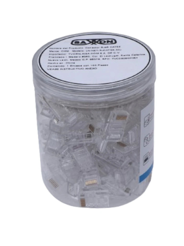 Bote 100 Plugs RJ45 Cat5e, Chapado Oro 30 Micras, Conector Redes Ethernet