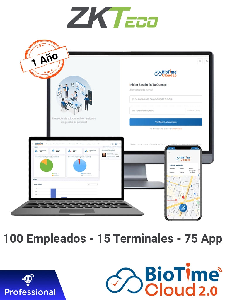 Licencia ZKTeco BioTimeCloud Professional para 100 Empleados, 15 Terminales, 150,000 Eventos