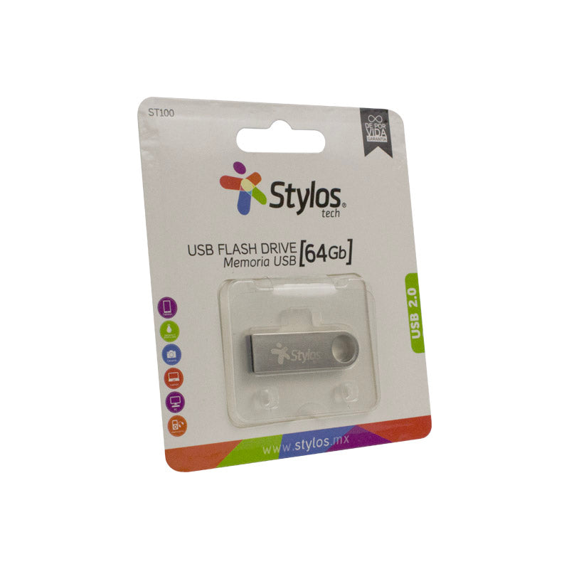 STMUSB4B - MEMORIA USB STYLOS (STMUSB4B) 64GB, ST100, USB 2.0, METAL PLATA