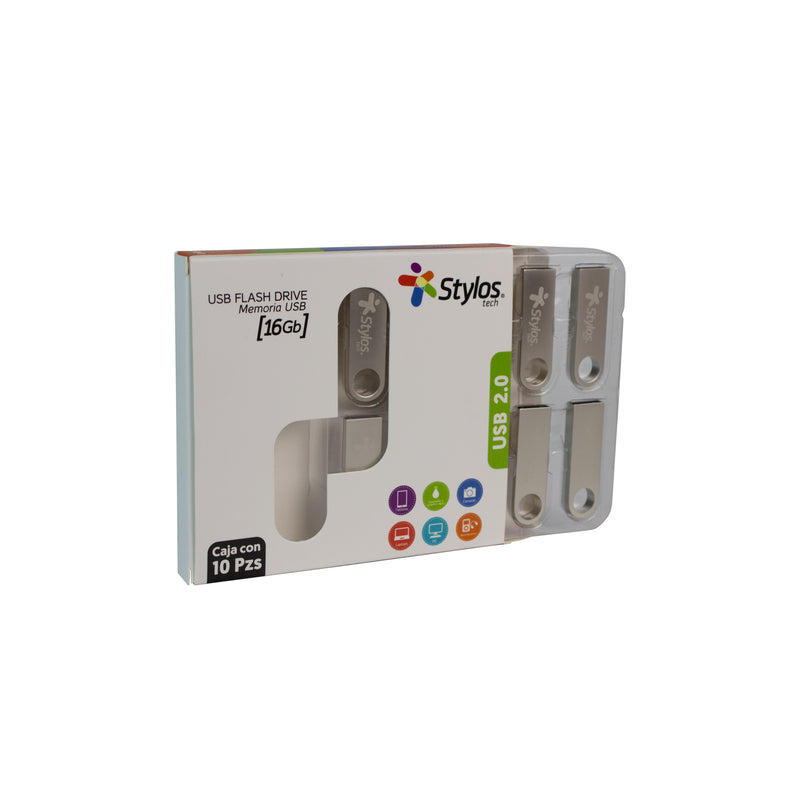 Memoria USB Stylos ST100, 16GB, USB 2.0, Plata, 10 Piezas