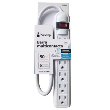 MULTICONTACTO NEXTEP EN BARRA , 6 CONTACTOS ATERRIZADOS, SUPRESOR 490J, CABLE 50CM LONGITUD, 16AWG, NE-240