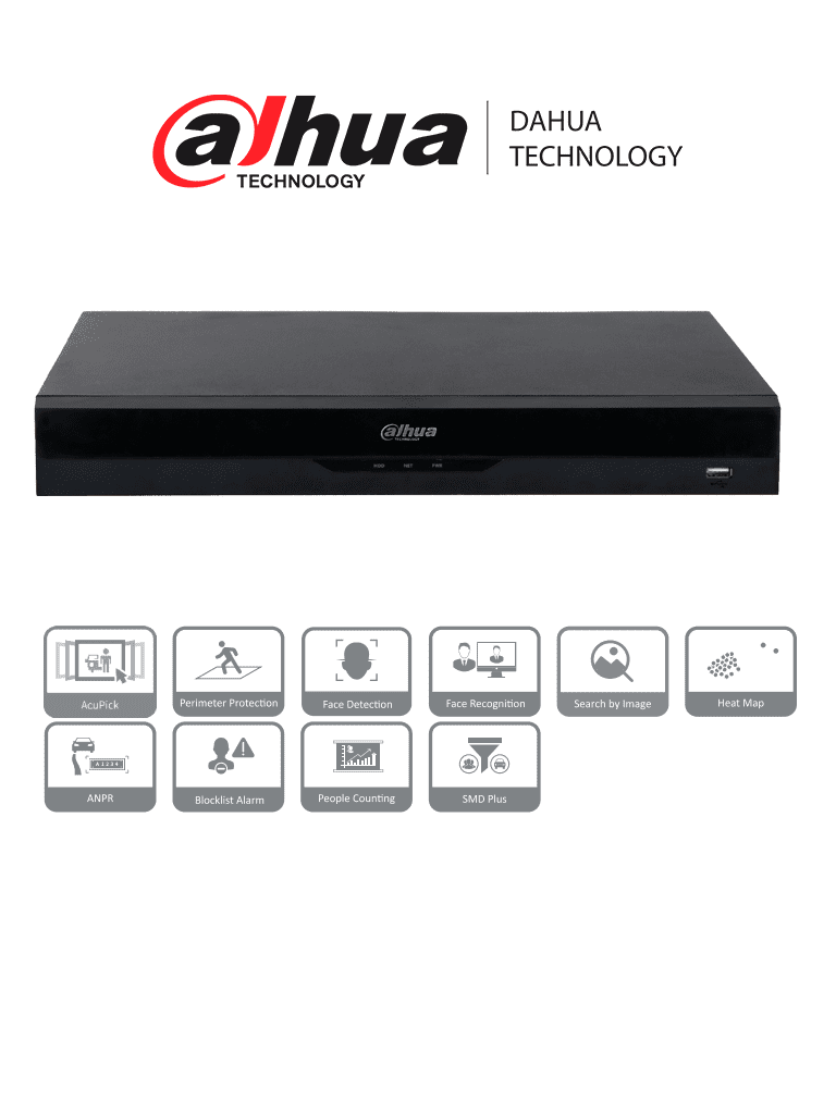 NVR Dahua NVR5216-16P-EI IP WizSense, 16 Canales, 16 PoE, 2 HDD, H.265, 384 Mbps, Protección Perimetral SMD Plus