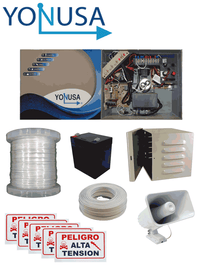 Energizador Alta Frecuencia YONUSA PACK127AF, Interface/Sirena, Gabinete Metálico, Bobina Alambre 500mts, Bobina Cable Bujía, Batería, 5 Letrero