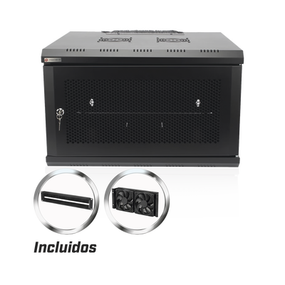 PS-06-550D - Gabinete de Pared 19 in / 6U / Profundidad 455 mm / Carga 60 kg / Puerta Perforada / 2 Ventiladores / Panel Cepillo