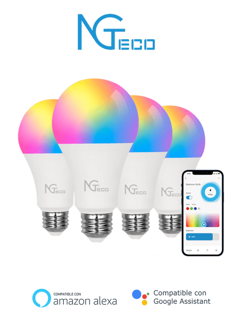 Paquete de 4 Focos Inteligentes WiFi Regulables 10W RGB, Control Remoto App, Compatible con Alexa y Google Home, Temporizador