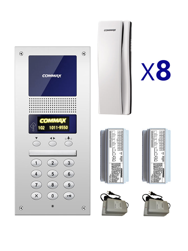 Paquete Audioportero COMMAX - 8 Auriculares, Frente de calle, 2 CCU204AGF, 2 fuentes 24VDC