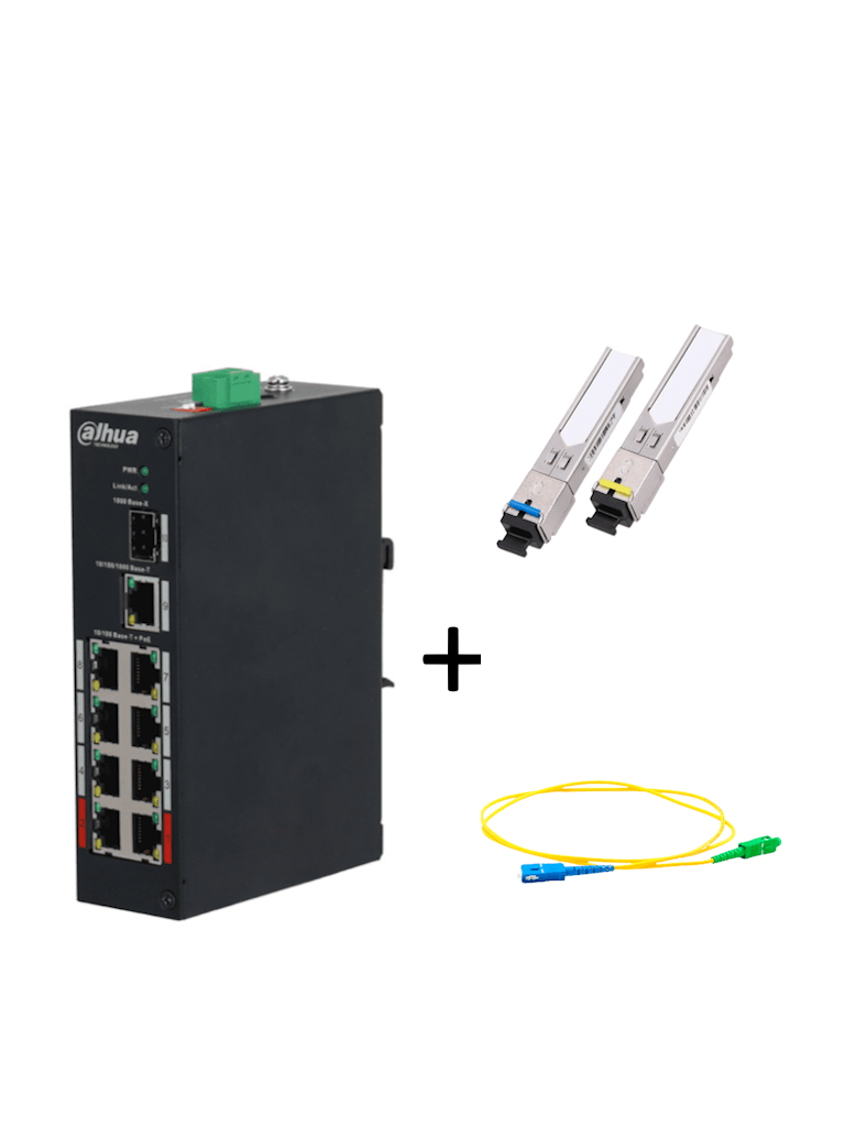 Switch PoE Dahua PFS3110-8ET-96P, 8 Puertos RJ45, 1 Puerto SFP, Transceptor Fibra Óptica SFP Monomodo 5km, Jumper 2 Metros