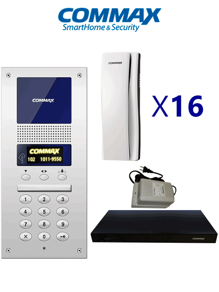 Paquete Audioportero COMMAX Audiogate16 - DR2AG, 16 Auriculares, Distribuidor 16 Posiciones, Fuente 24VDC