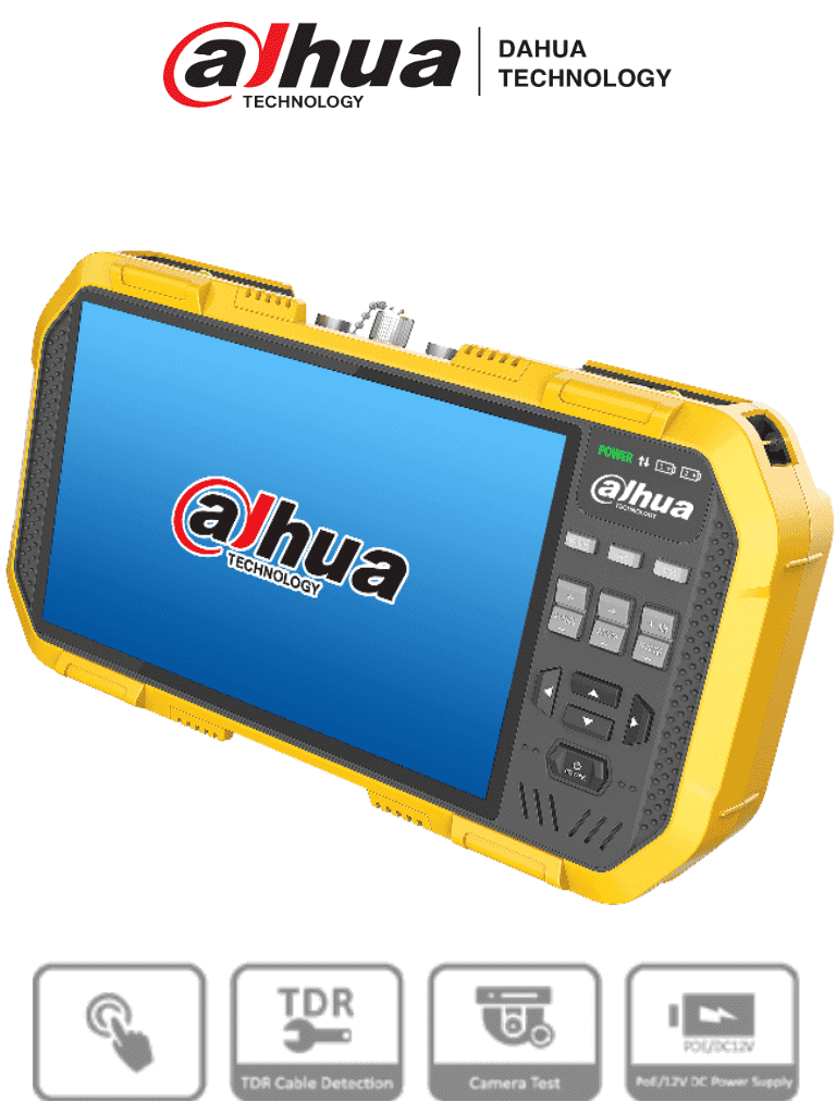 Probador de Video IP y HDCVI Dahua PFM907, H.265/H.264, Control PTZ, Audio, Multímetro Integrado, Red/Wifi/Wi-Fi, Onvif, 12V 2 Amp, Linux