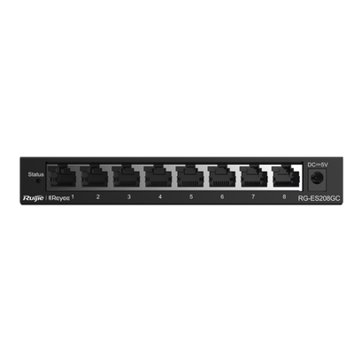 RG-ES208GC - Switch Administrable Gigabit / 8 Puertos 10/100/1000BASE-T / Capa 2 / Switching 16 Gbps / Forwarding 11.9 Mpps / Modo CCTV 250 m (820 ft) / Fanless