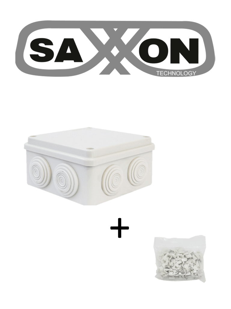 SAXXON SWD015LMGNCC5MMR - Paquete de Caja de Conexiones 8 Entradas 150x150x70mm con Bolsa de Grapas Redondas de Pared de 6mm de alto Color Blanco 50 piezas