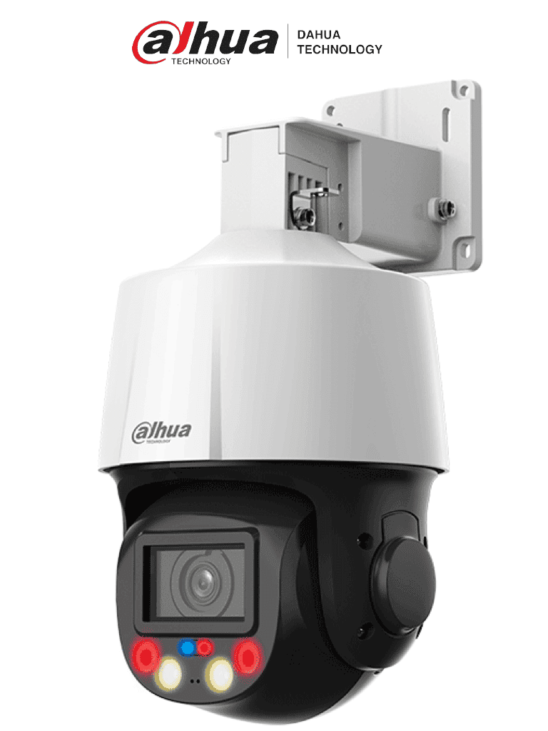 Cámara IP PTZ Dahua 4MP TiOC 5x Zoom/Iluminación Dual/Disuasión Activa/Luz Roja y Azul/IR 50m/Micrófono/Altavoz/Audio 2 Vías/MicroSD/IP66/PoE