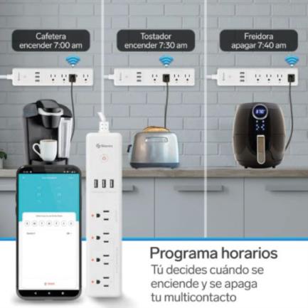 Barra Steren Multicontacto Wi-Fi de 4 Salidas Horizontales, Triple Cargador USB, Color Blanco, 2.1A