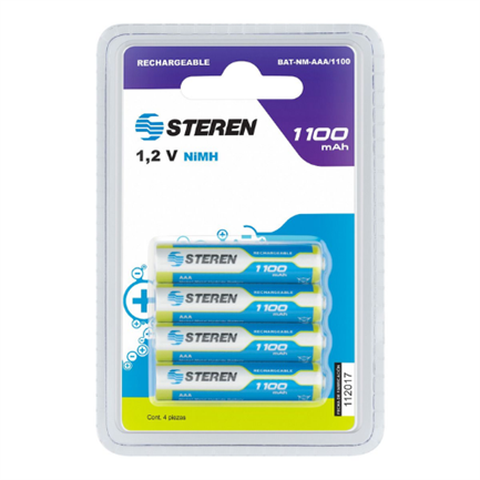 Pilas Steren Recargables Alta Capacidad Tipo AAA NiMH 1100 mAh C/4 Pzas