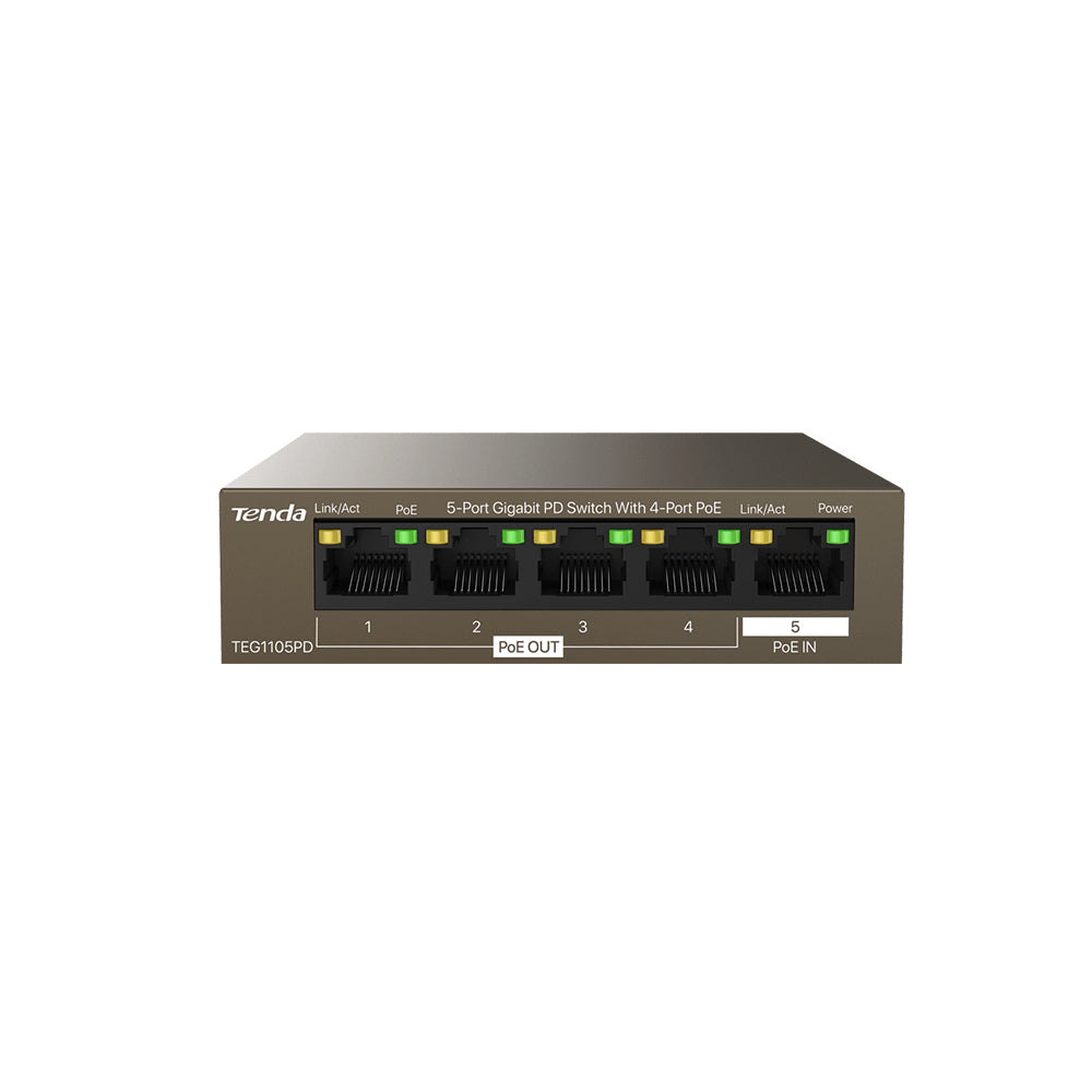 Switch TENDA TEG1105PD con 5 Puertos Gigabit, 30W PoE, 1 Puerto PD