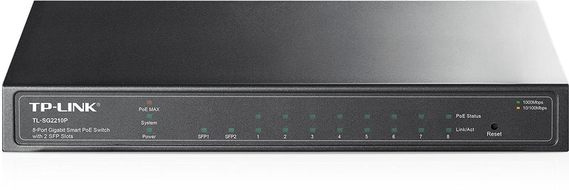 Switch TP-Link Gigabit Ethernet TL-SG2210P, 8 Puertos PoE 10/100/1000 + 2 Puertos SFP, 20 Gbit/s, 8.000 Entradas - Administrable