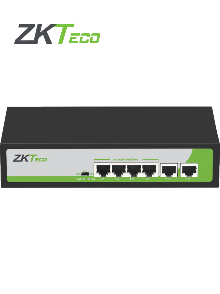 Switch PoE ZKTeco PE04255C 4 Puertos Fast Ethernet AF/AT, 2 Puertos RJ45 10/100, Soporta 250mts CAT6, Protección Descargas