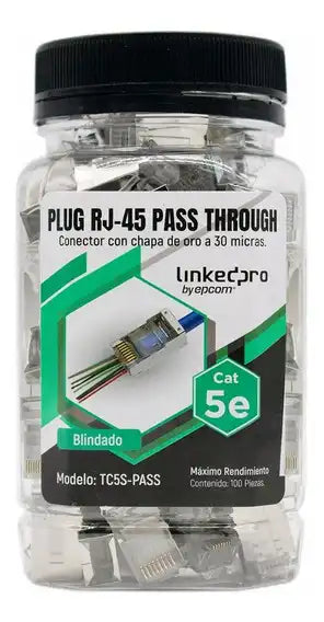 LinkedPro Bote Con 100 Plugs Pass Through RJ45 Cat5e, Chapado Oro 30 Micras, Durabilidad Extrema