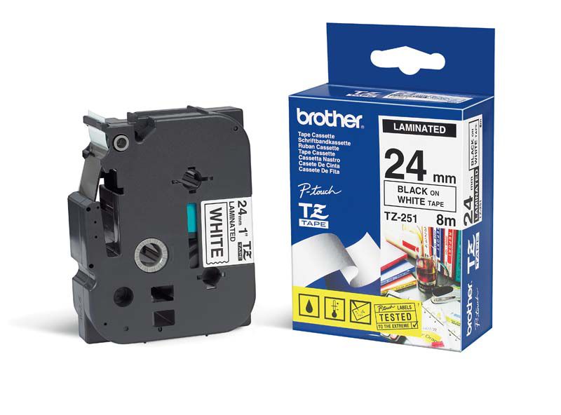 Cinta Brother TZe251 Laminada 24mm x 8m Negro sobre Blanco TZE-251