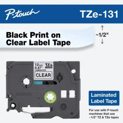 Cinta Laminada Brother Estandar Texto negro sobre cinta transparente de 12mm x 8m