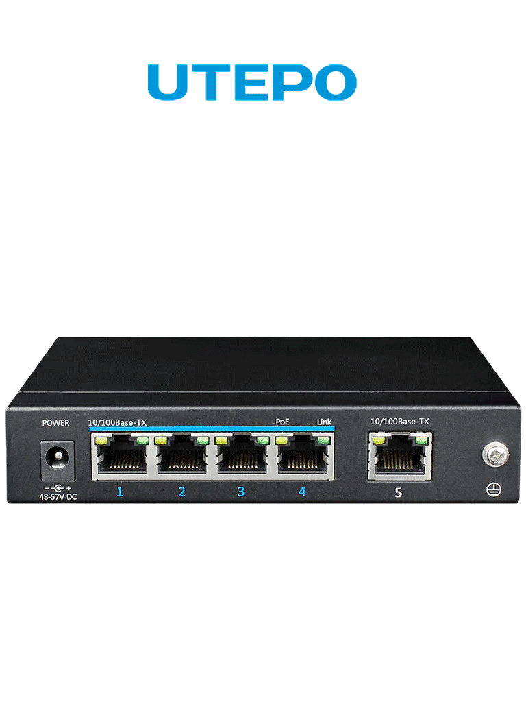 Switch PoE UTEPO UTP3SW0401TP60 5 Puertos FE, 4 PoE (60W), 1 Uplink, 802.3af/at, 250m CCTV