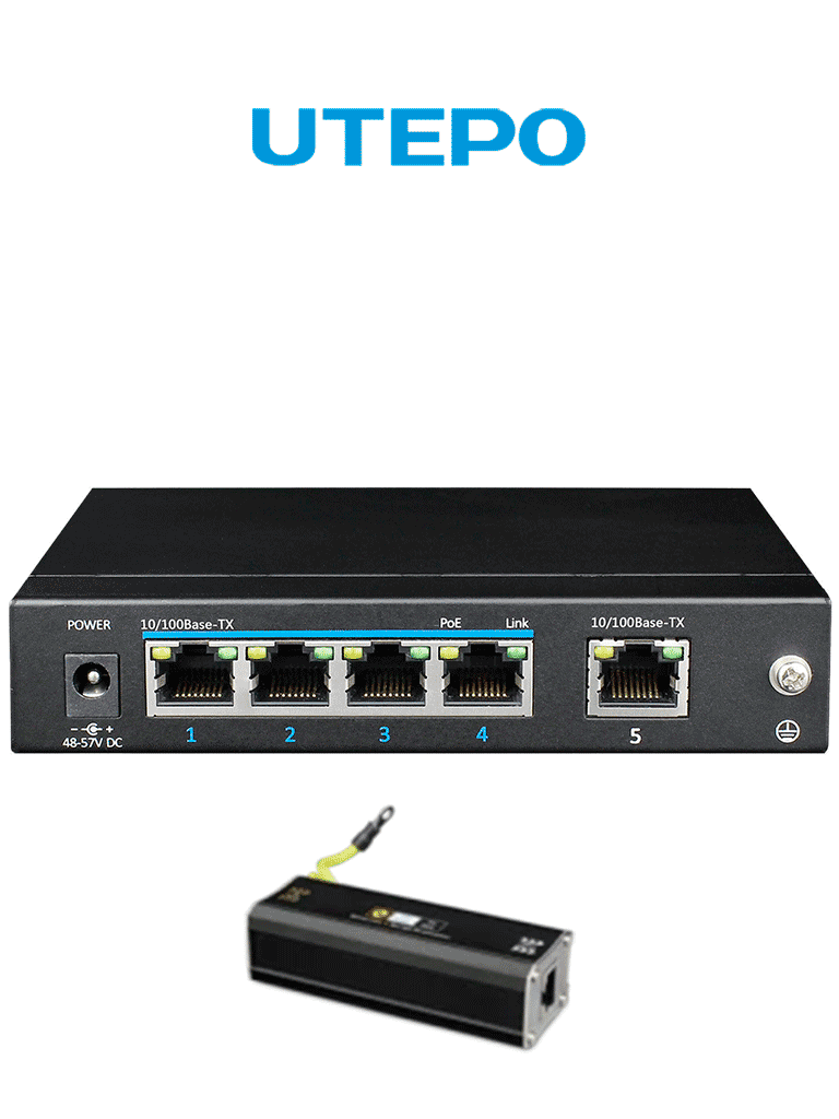 Switch UTEPO PoE 5 Puertos FE, 4 Puertos PoE 802.3af/at, 60W, No Administrable, Protección Eléctrica