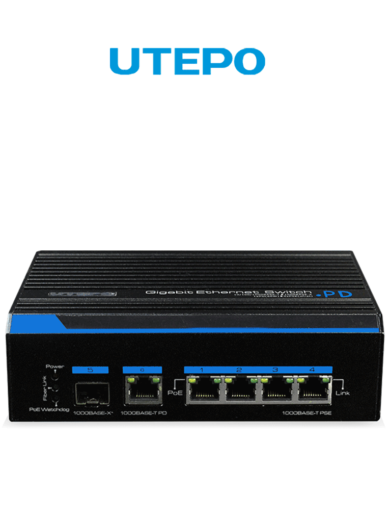 Switch Industrial UTEPO UTP7204GEHPOE - 4 Puertos Gigabit PoE 802.3af/at, 2 Puertos Uplink Gigabit, 60W por Puerto, 120W Total, DIN Rail