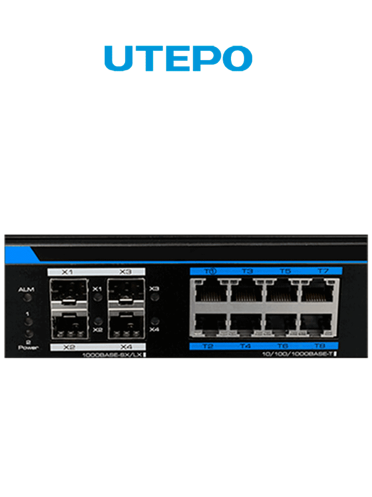Switch industrial Gigabit PoE administrable UTEPO UTP7308GEPOE - 8 puertos PoE Gigabit, 4 puertos SFP Gigabit, 802.3af/at, Fast RING, PoE 150W