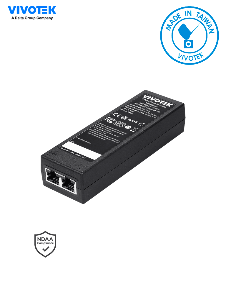 Inyector PoE Gigabit VIVOTEK AP-GIC-011A-030, 30W, 1 puerto, 802.3af/at, NDAA, 55VDC/0.55A, 6KV