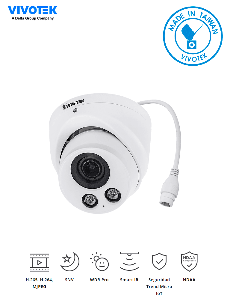 Cámara IP domo exterior VIVOTEK IT9388-HT 5MP H.265 Varifocal 2.8-12mm IP66, IK10 SNV Smart IR 30m Micrófono Trend Micro Stream III ONVIF