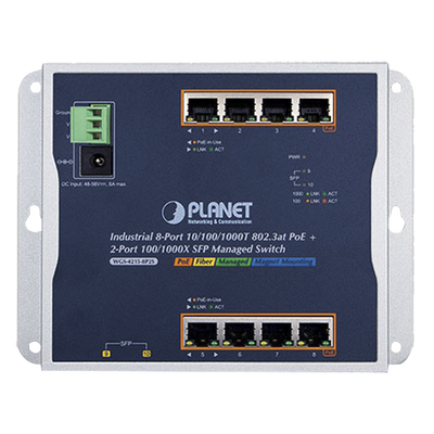 WGS-4215-8P2S - Switch Industrial PoE Administrable de Pared / 8 Puertos Gigabit PoE 802.3at / 2 Puertos SFP 100/1000X / Presupuesto PoE 200W / Alcance hasta 820 pies