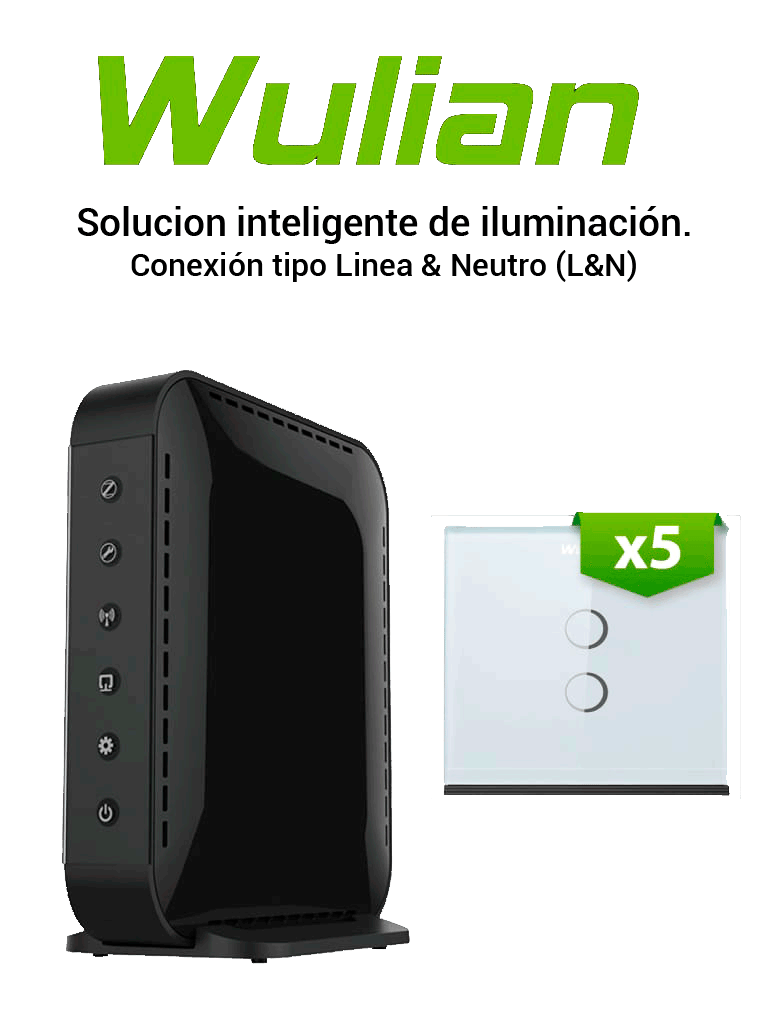Paquete de Control de Iluminación WULIAN BV6IL5LN con 5 Apagadores Dobles, Linea y Neutro, Central Inteligente