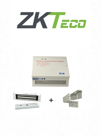 Paquete de Contrachapa Magnética ZKTeco LM120YPAK 120kg, Soporte para Instalación ZL, Gabinete Energía 12VDC, Batería de Respaldo
