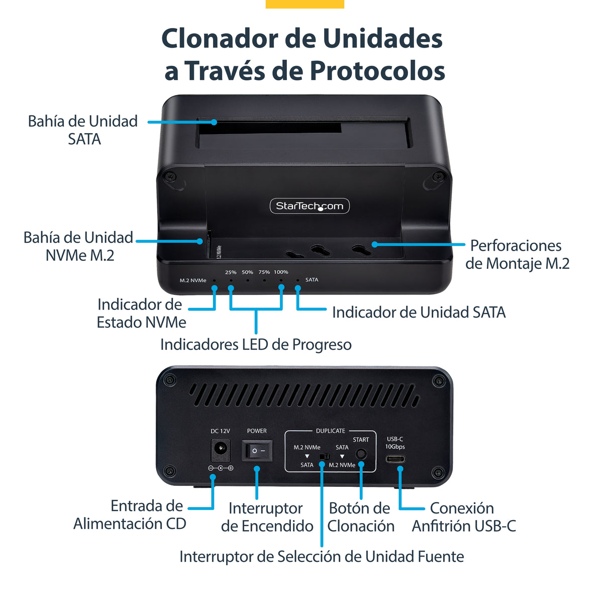 StarTech.com Clonador NVMe M.2 a SATA de 2.5/3.5 - Dock Duplicador Autónomo de 2 Bahías para SSD - Bidireccional NVMe a