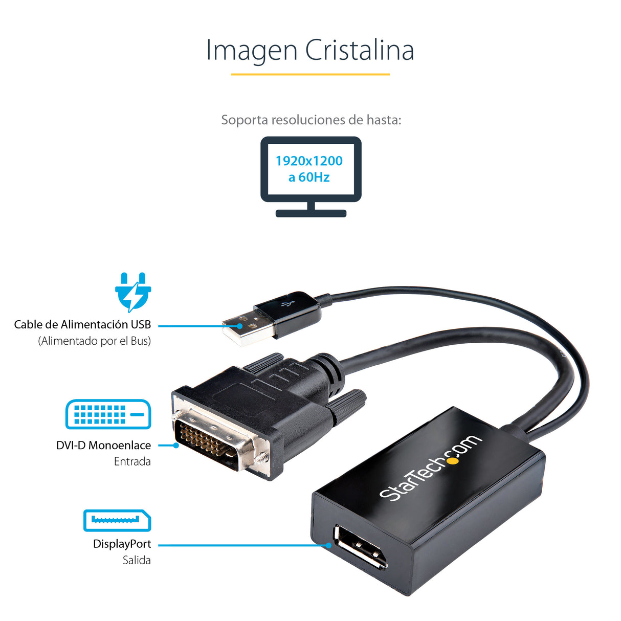 StarTech.com Adaptador DVI a DisplayPort Alimentado por USB - Conversor DVI a DisplayPort - Convertidor DVI-D a DP - 192
