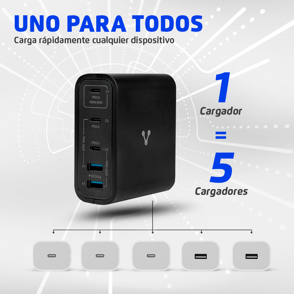 CARGADOR DE PARED VORAGO AU-600 TIPO C 100W PD 5 PUERTOS QUICK CHARGE 3.0 NEGRO