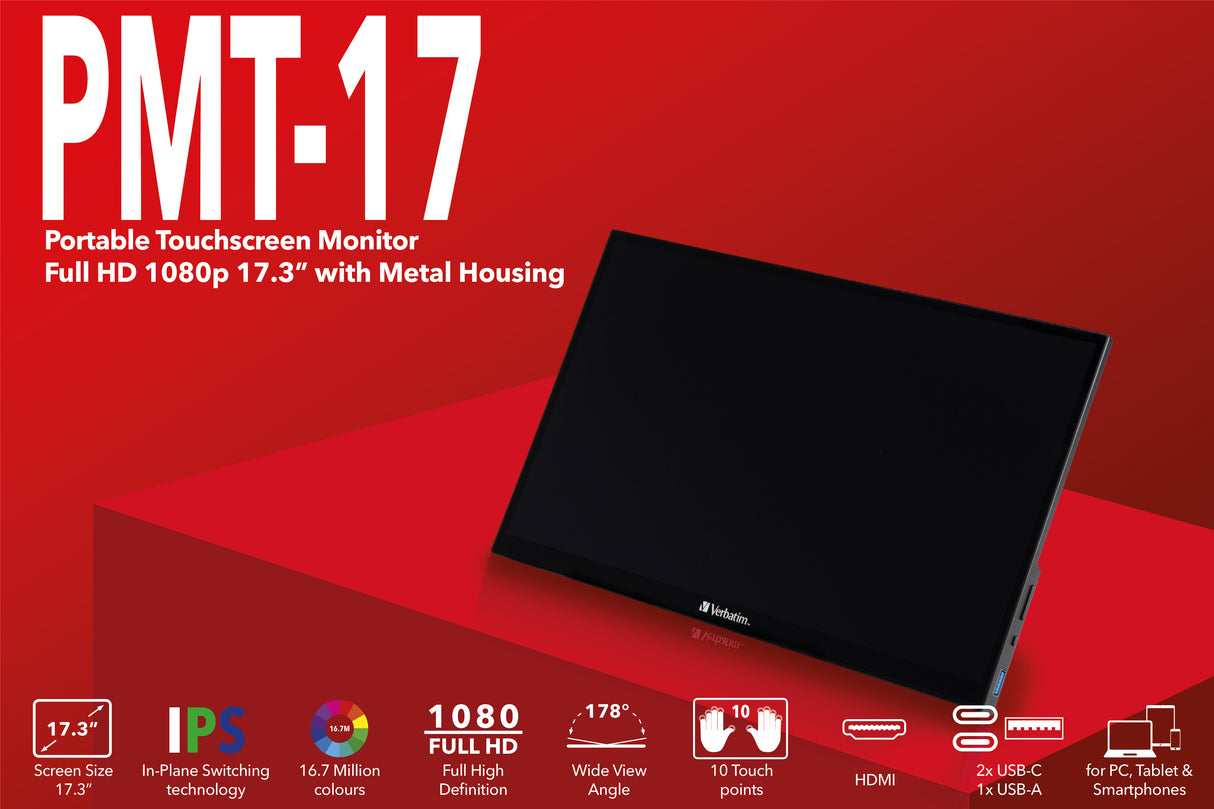 Verbatim 49593 pantalla para PC 43,9 cm (17.3") 1920 x 1080 Pixeles Full HD LCD Pantalla táctil Negro