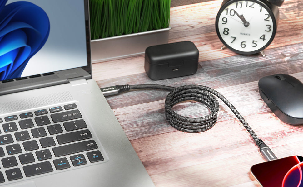 ADATA CABLE TIPO C A TIPO C 1M CUBIERTA DE NYLON, MAGNÉTIZADO 10GBPS 100W TRANNFIERE AUDIO Y VIDEO 4K UHD NEGRO