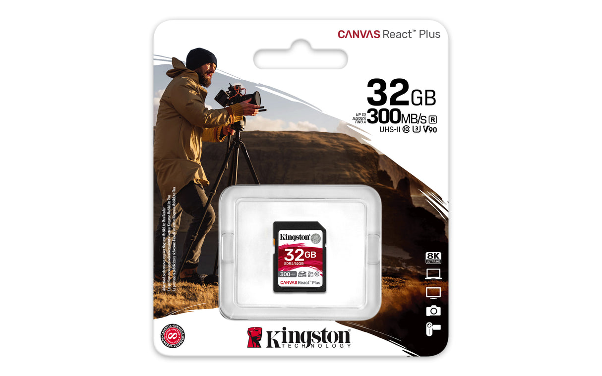 Kingston Technology 32GB Canvas React Plus SDHC UHS-II 300R/260W U3 V90 for Full HD/4K/8K Memoria Flash 32 GB SD 300 MB/s 260 MB/s