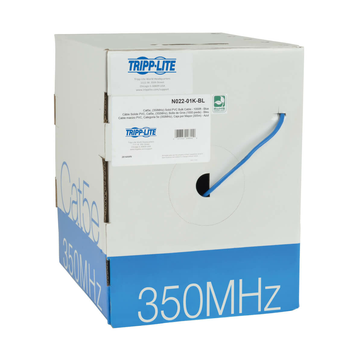 Tripp Lite N022-01K-BL Cable Ethernet a Granel de PVC (UTP) con Núcleo Sólido Cat5e 350 MHz - Azul, 304.8 m [1000 pies],