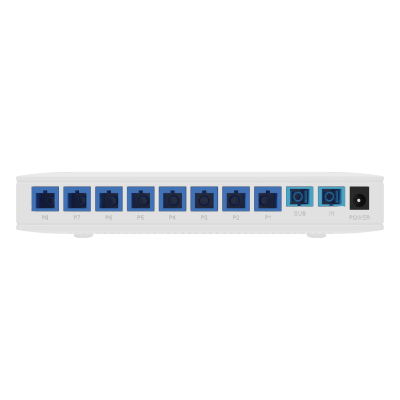 V1809PU - Splitter Activo 1x8 para Alimentación de 8 Dispositivos POF, 1 Puerto de cascadeo para continuidad, puertos SC/UPC