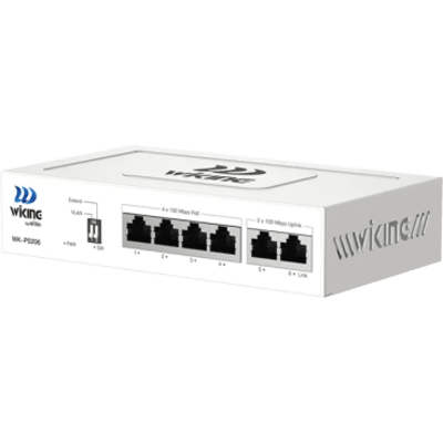 WK-PS206 - Switch PoE No Administrable / 4 Puertos 10/100 Mbps PoE af/at / 2 Puertos Uplink 10/100 Mbps / Presupuesto PoE 45 W / Alcance Extendido 250 m (820.2 ft)