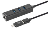 Manhattan Hub/dock combinado USB-C y USB-A, puertos (4): Ethernet + 3x USB-A, 5 Gbps (USB 3.0), Alimentado por USB (no requiere alimentación externa) hubs de interfaz 3 4 5000 Mbit/s Negro