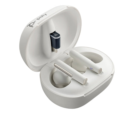 HP Poly Poly Voyager Free 60+ Audífonos UC arena blanca + Adaptador USB-A BT700 + Estuche de carga con pantalla táctil