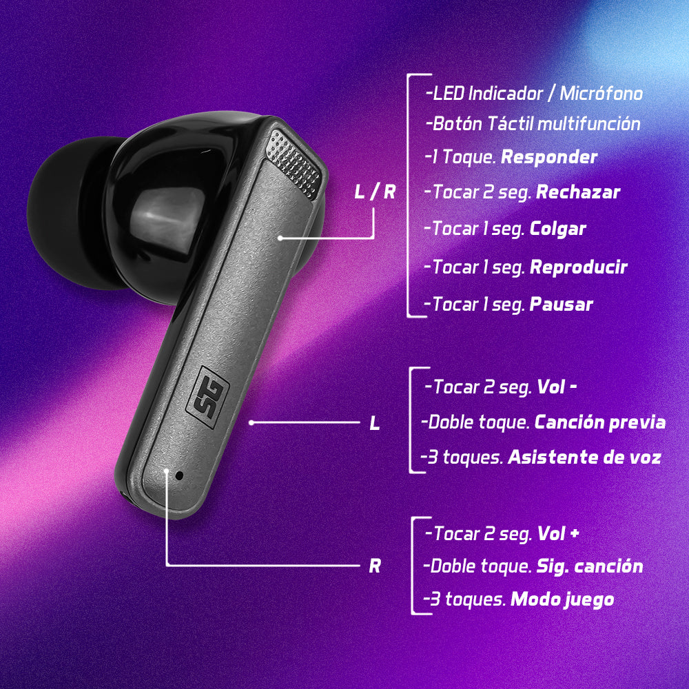 AUDÍFONOS VORAGO START THE GAME ESB-301-PRO TWS IPX6 LED