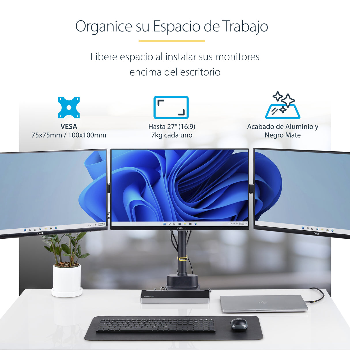StarTech.com Soporte de Escritorio para 3 Monitores VESA 75x75/100x100 de 27 Pulgadas - Grommet o Abrazadera en C - Ajus