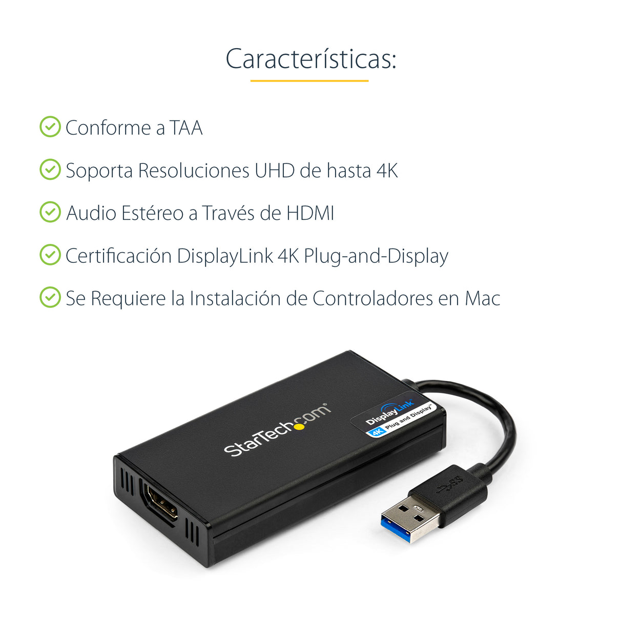 StarTech.com Adaptador Gráfico Externo USB 3.0 a HDMI - UltraHD 4K 30Hz - Certificado DisplayLink - Conversor USB-A a HDMI para Monitor - Tarjeta Gráfica Externa de Vídeo - Mac y Windows adaptadores gráficos usb USB tipo A Macho 3.2 Gen 1 (3.1 Gen 1) Si