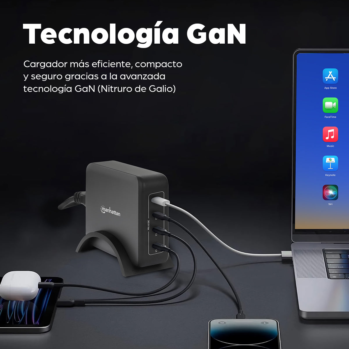 Manhattan Estación de carga GaN USB Power Delivery de 4 puertos, 240 W / PD 3.1, 4 puertos USB-C PD hasta 140 W por puer
