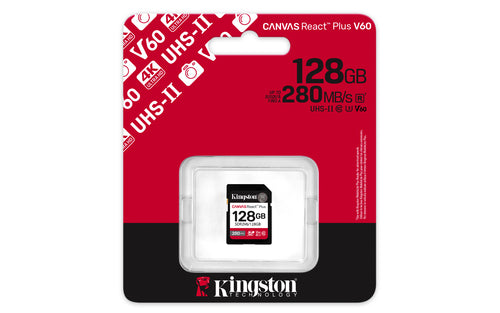 Kingston Technology 128GB Canvas React Plus SDXC UHS-II 280R/100W U3 V60 for Full HD/4K Memorias flash 128 GB SDXC Negro